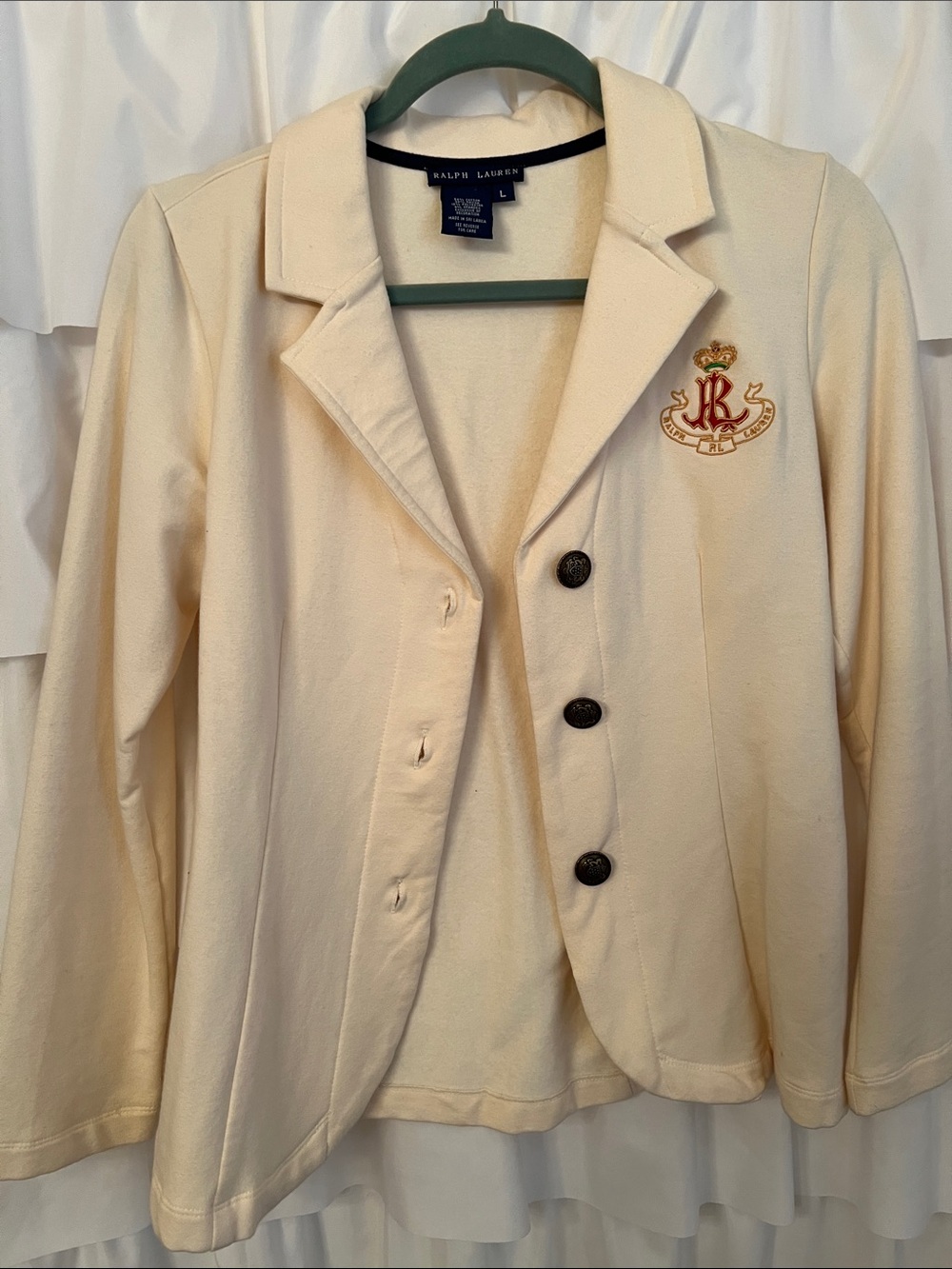 Ralph Lauren Cream Sweatshirt Blazer with Embroidered Crest Patch size Large